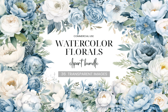 Download Blue &amp; White Floral Clipart Bundle - Blue Collection