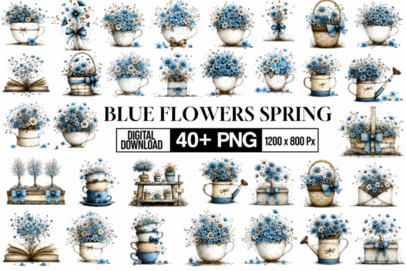 Download Whimsical Blue Floral Clipart Bundle - Blue Collection