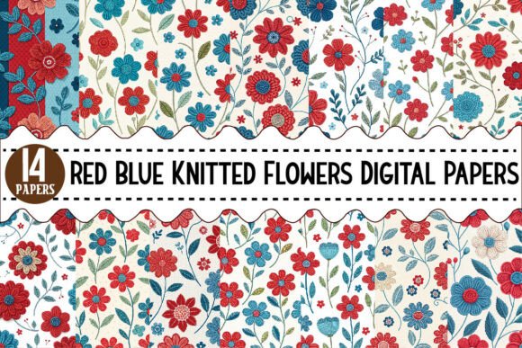 Download Red Blue Knitted Flowers Digital Papers - Blue Collection