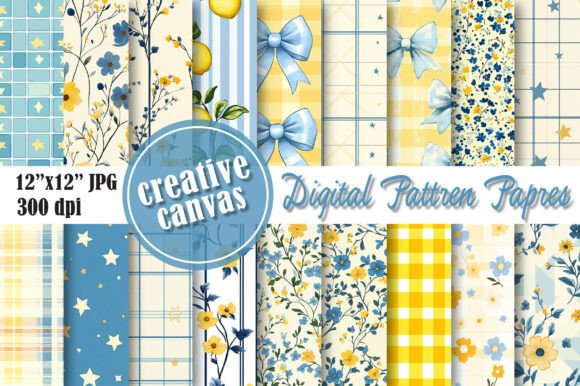 Download Blue &amp; Yellow Floral Digital Paper Bundl - Premium Resources