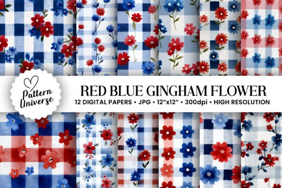 Download Red Blue Floral Gingham Pattern - Blue Collection