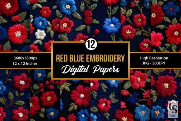 Download Red Blue Floral Embroidery Pattern - Blue Collection
