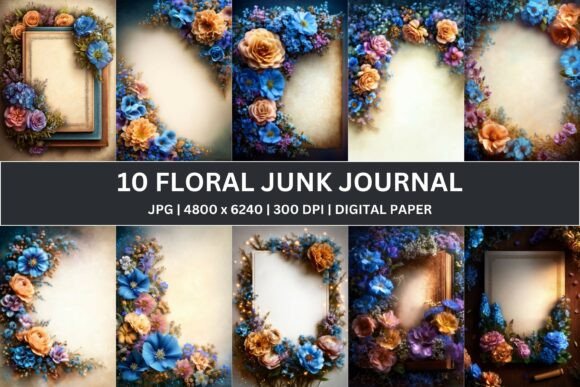 Download 10 Orange Blue Floral Junk Journal - Blue Collection