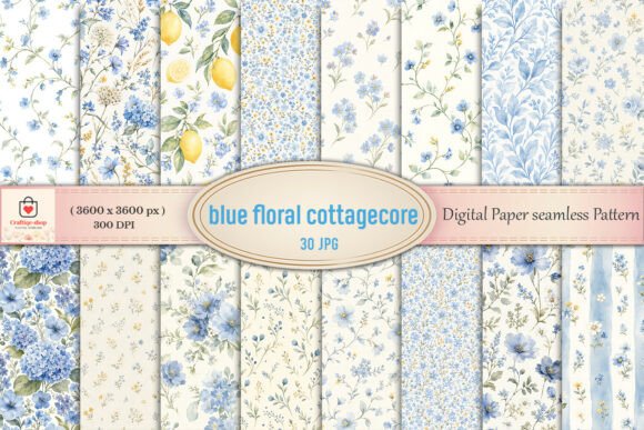 Download Blue Floral Cottagecore Digital Paper - Blue Collection